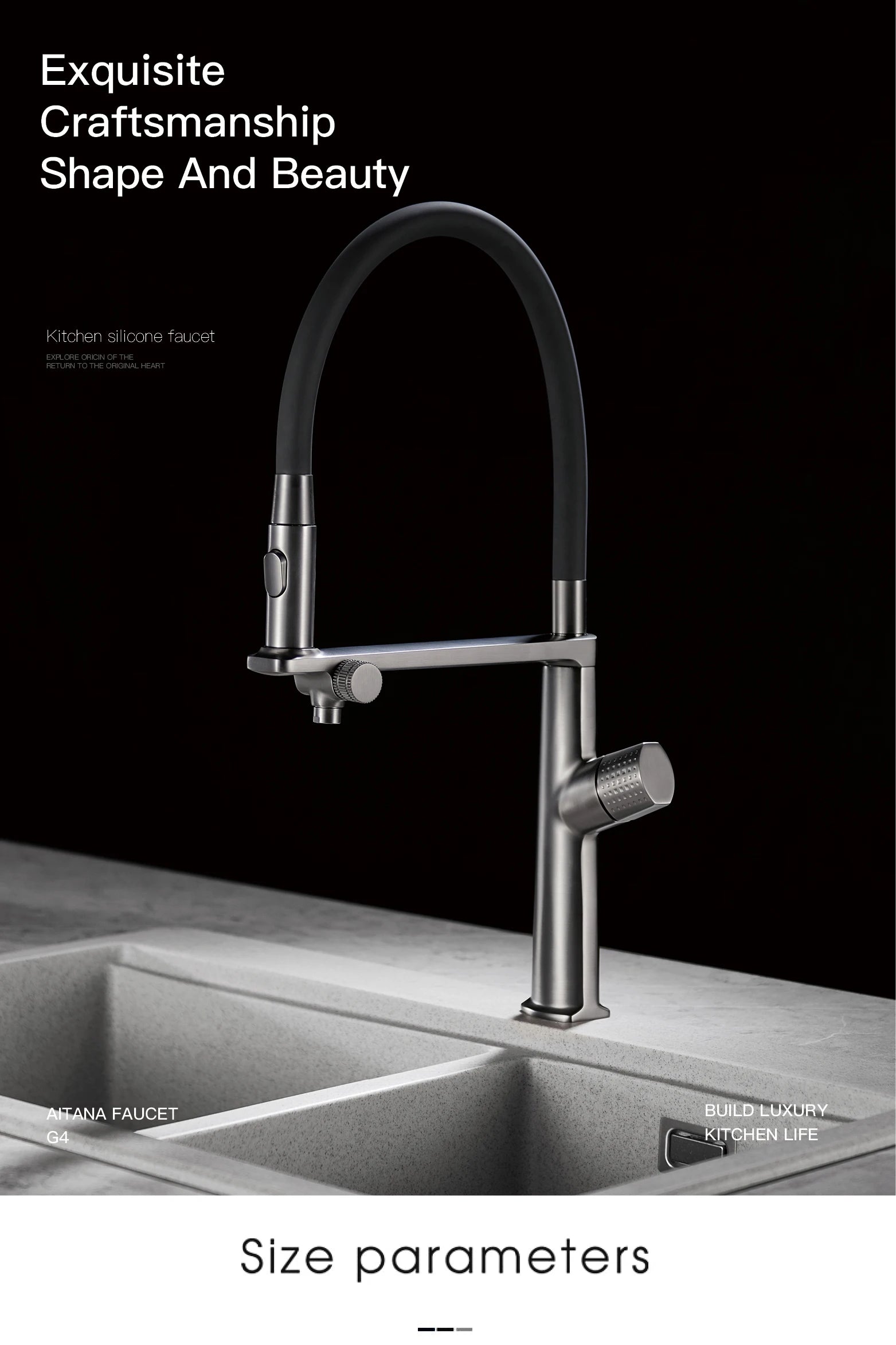 Luxury Gun Gray Brass Kitchen Faucet 1 Hole Double Handle Cold and Hot Dual Control, with Filtered Water Two Function Sink Tap