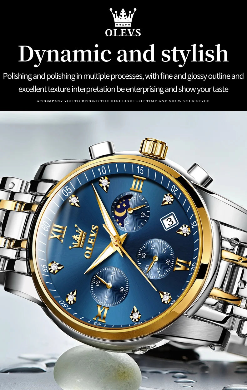 OLEVS 2858 Men's Watches Stainless Steel Waterproof Anti-Scratch Moon Phase Luminous Chronograph Luxury Quartz Men's Wristwatch