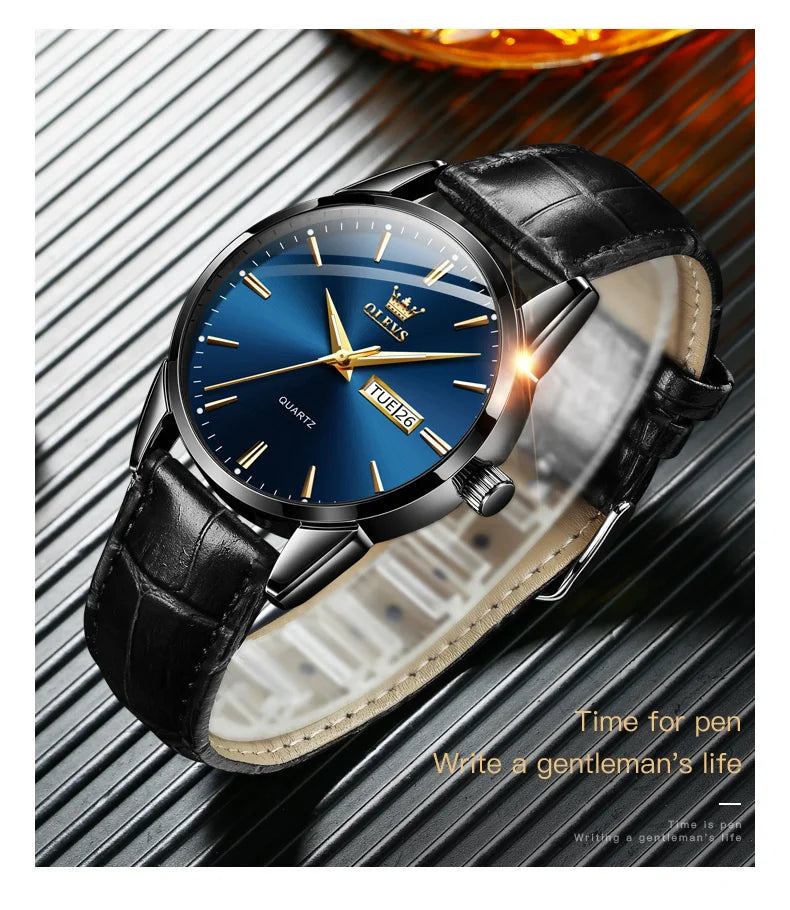 OLEVS 6898 Luxury Waterproof Quartz Watch for Men Sports Shock-resistant Calendar Genuine Leather Luminous Mens Wristwatches