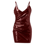 Short Evening Formal Dress Party Cocktail PU Leather Slim Wrap Hip Dresses Women's Glossy Curved Hem Cocktail Suspender Dress