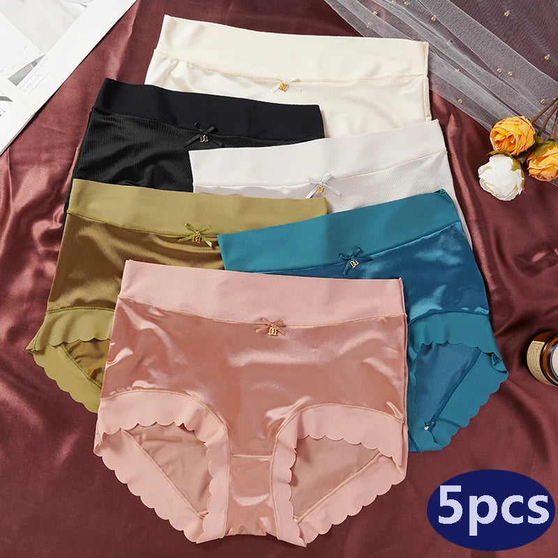 5 PCS High-waist Women's Simple Satin Ice Silk Seamless Underwear Female Breathable High Quality Panties Butt Lift Briefs