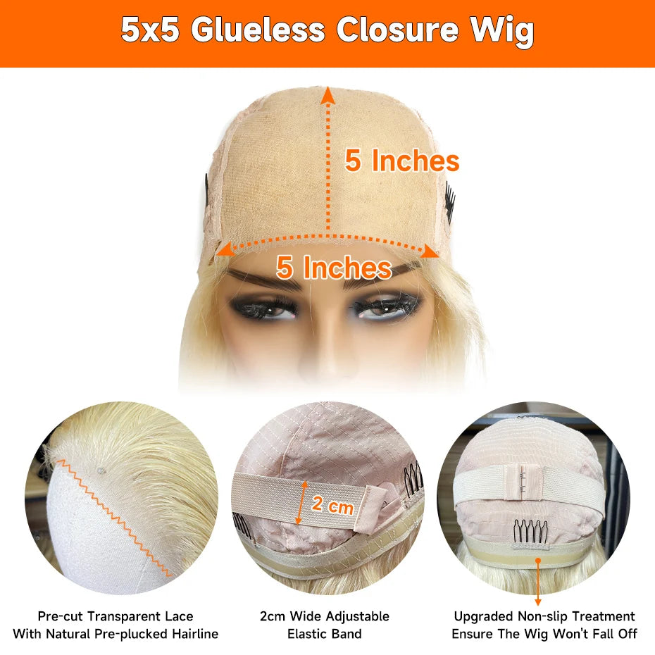 613 Glueless Wigs Human Hair 5x5 Lace Closure Wig Bone Straight Blonde Pre Plucked Glueless Wig Remy Human Hair Wigs Ready To Go