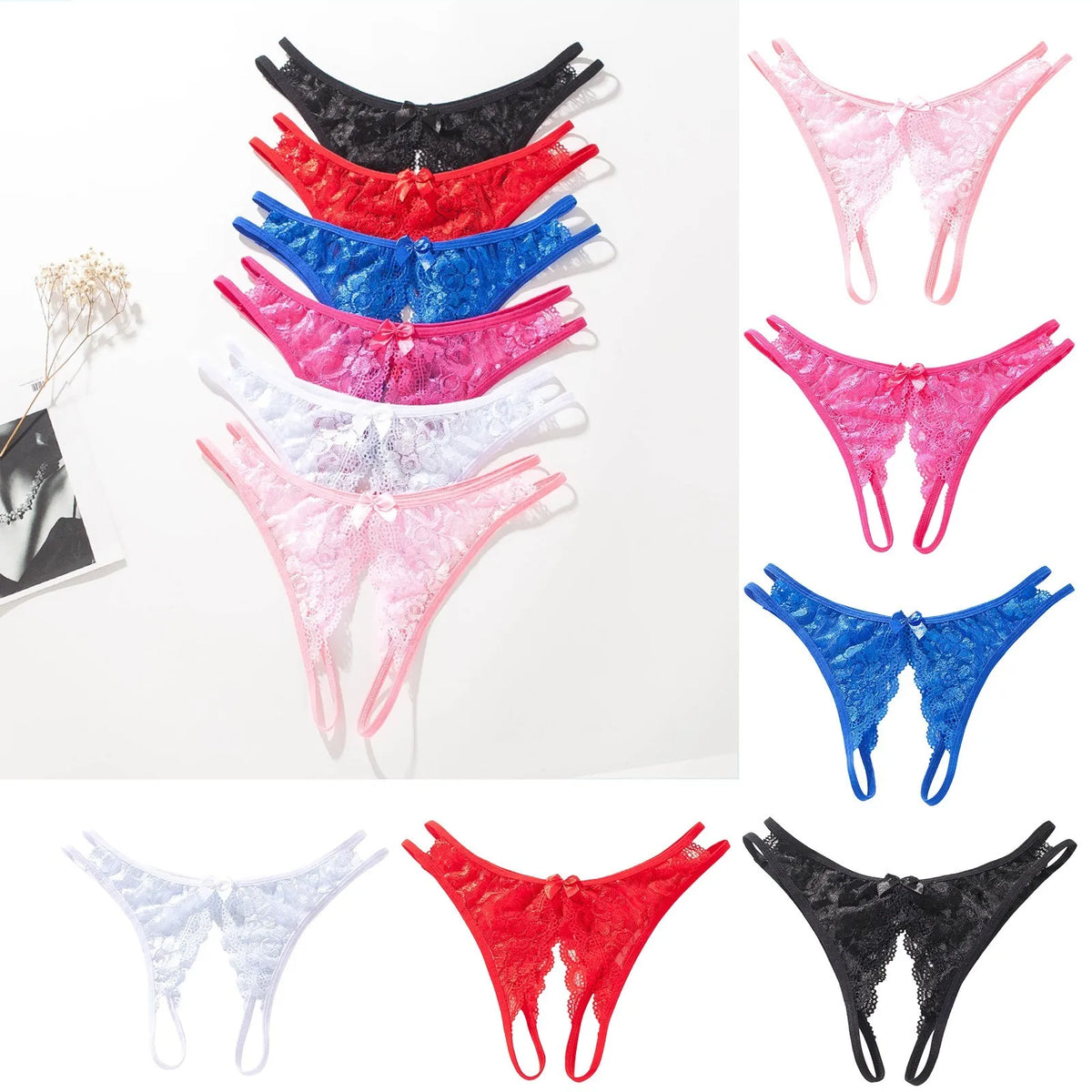Women'S Panties Sexy Sheer Lace Crotchless Low Waist Solid Briefs Modis Panties Sexy Open Bottom Large Size Underwear Bragas