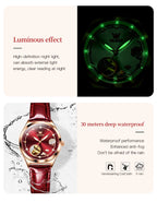 OLEVS Fashion Women Mechanical Watches Bracelets and Necklaces Set Leather Strap Luxury Hollow Ladies WristWatches Reloj Mujer