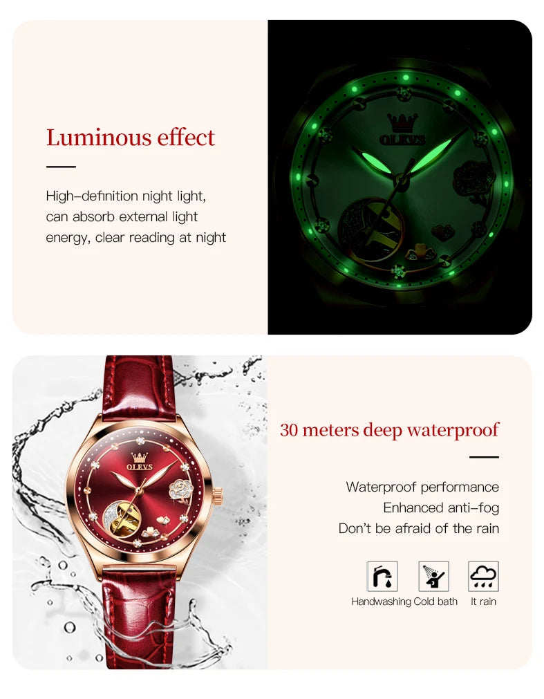 OLEVS Fashion Women Mechanical Watches Bracelets and Necklaces Set Leather Strap Luxury Hollow Ladies WristWatches Reloj Mujer