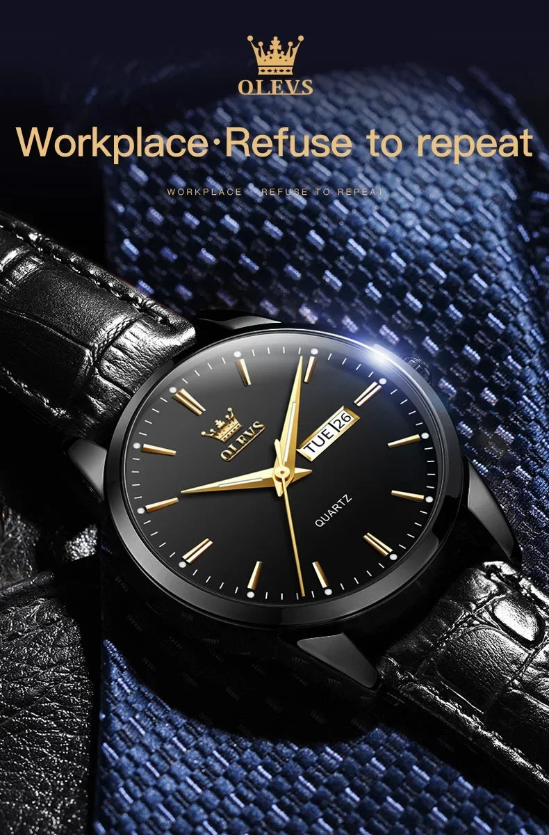 OLEVS 6898 Waterproof Sports Mens Wristwatches Luxury Shock-resistant Calendar Genuine Luminous Quartz Leather Watch for Men