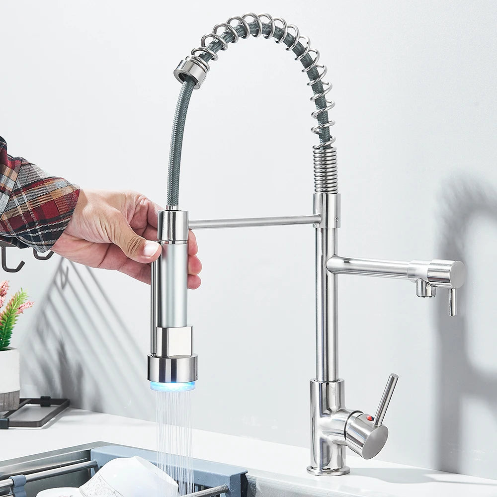 Kitchen Pull-Down Spring Faucet Single-Handle Hot and Cold Mixer Dual-Color Nozzle with 2 Water Modes 360-Degree Rotation