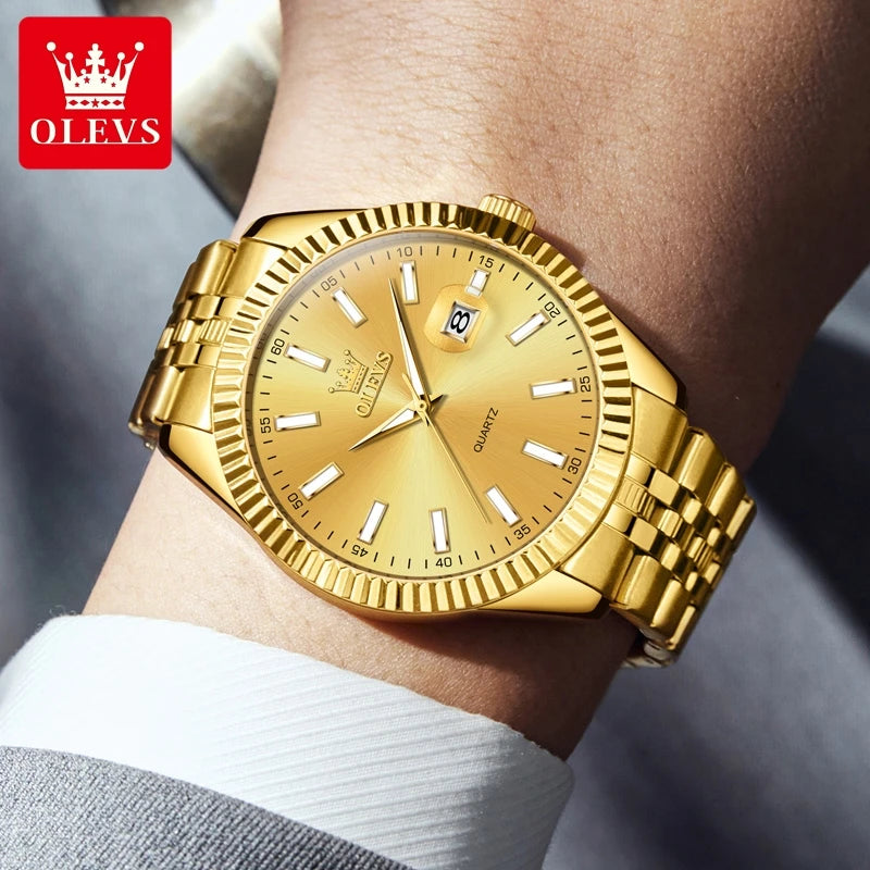 OLEVS Brand Luxury Gold Quartz Watch for Men Stainless Steel Waterproof Luminous Calendar Fashion Mens Watches Relogio Masculino