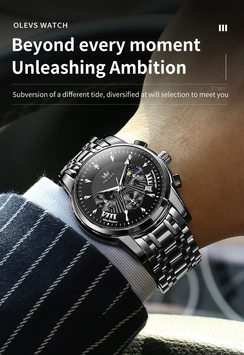 OLEVS 2892 Men Watch Original Quartz Watch Luxury Waterproof Luminous Calendar Moon Phase Chronograph Business Sports Men Watch