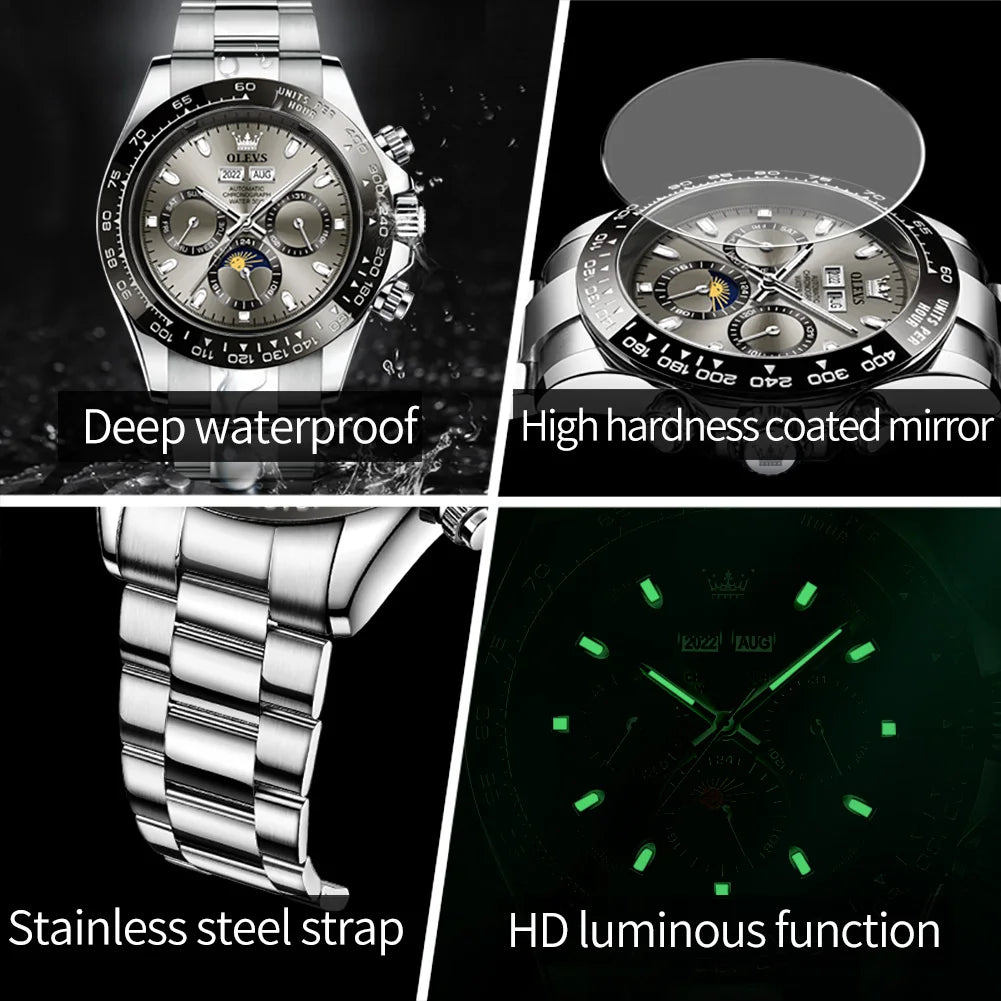 OLEVS 6654 Luxury Men's Automatic Mechanical Watch Original Stainless Steel Waterproof Moon Phase Chronograph Brand Men Watch