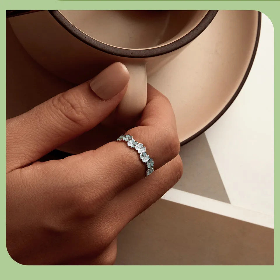 Bamoer 925 Sterling Silver Four-Leaf Clover Ring Mint Green Leaves Vine Ring Fine Jewelry Gift for Women Party