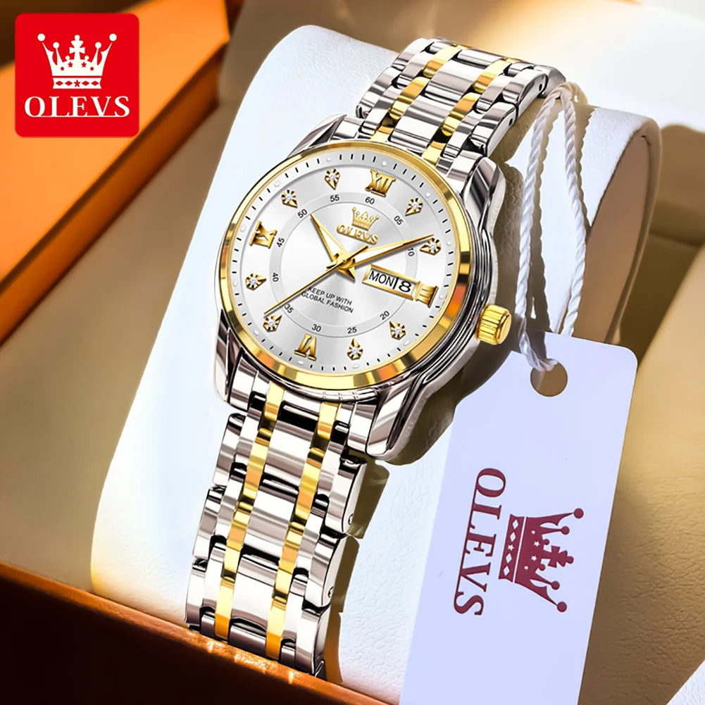 OLEVS 5513 Woman Watch Luxury Diamond Scale Dual Calendar Stainless Steel Strap Waterproof Watches Elegant Ladies Wristwatcheses
