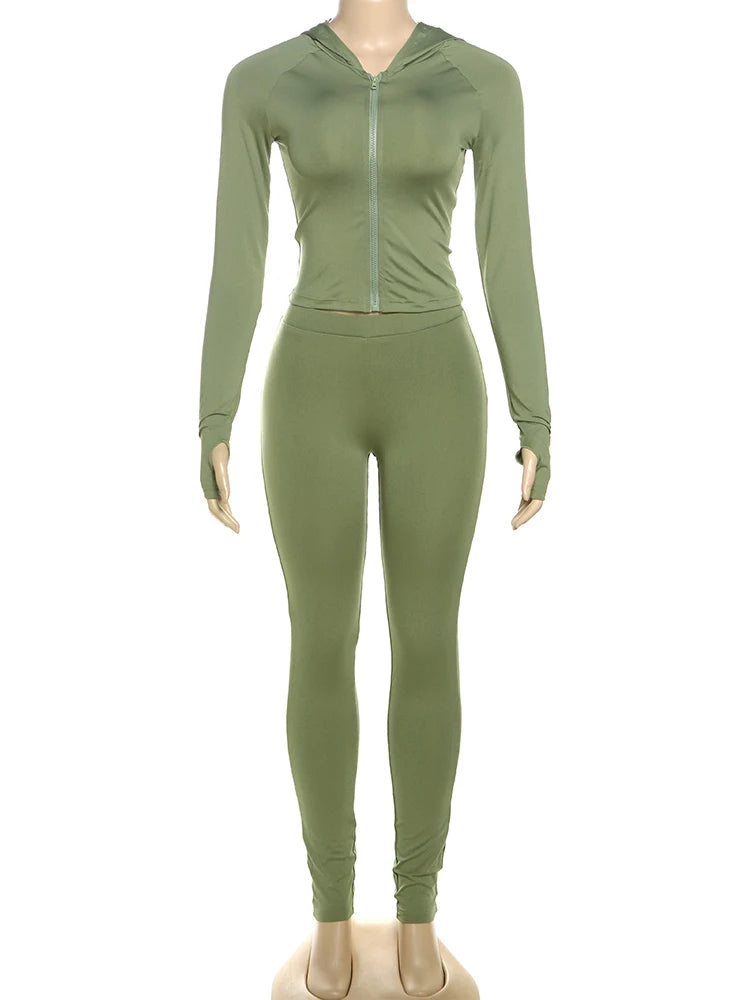 kliou Casual Women 2 Piece Set Classic Tracksuits Solid Long Sleeve Zip-up Hood Tops+Slim Elastic Pants Sporty Concise Outfits