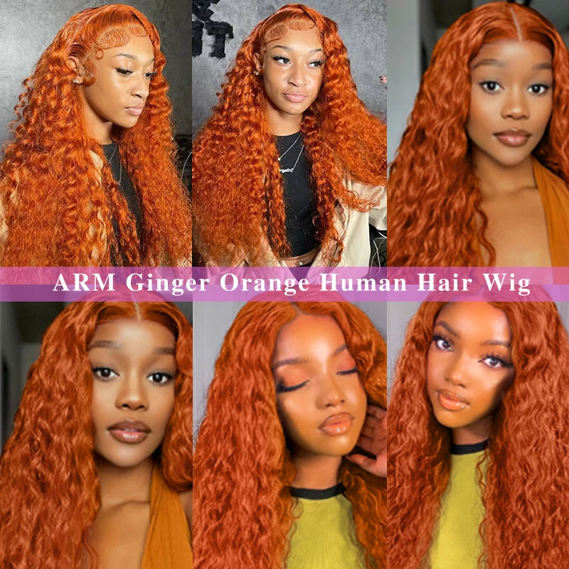 Water Wave Ginger Orange Lace Front Wigs Human Hair 350 Colored Human Hair Wet Wavy Wig for Women Deep Curly Wigs with Baby Hair