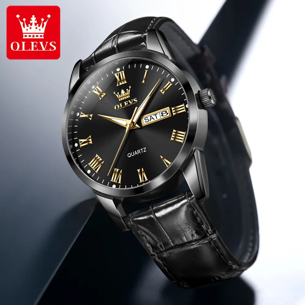 OLEVS 5892 Watches for Men Leather Strap Dual Calendar Roman Scale Simple Elegant Luxury Original Quartz Men's Watches