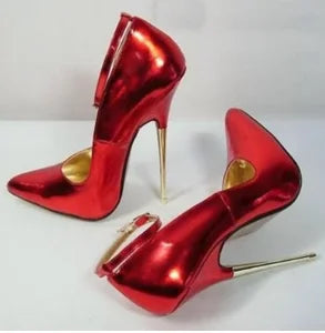 Sky High Metal Heels Red Metallic Leather Pumps Shoes Pointed Toe Ankle Strap Stiletto High Heels Wedding Party Pumps 16CM