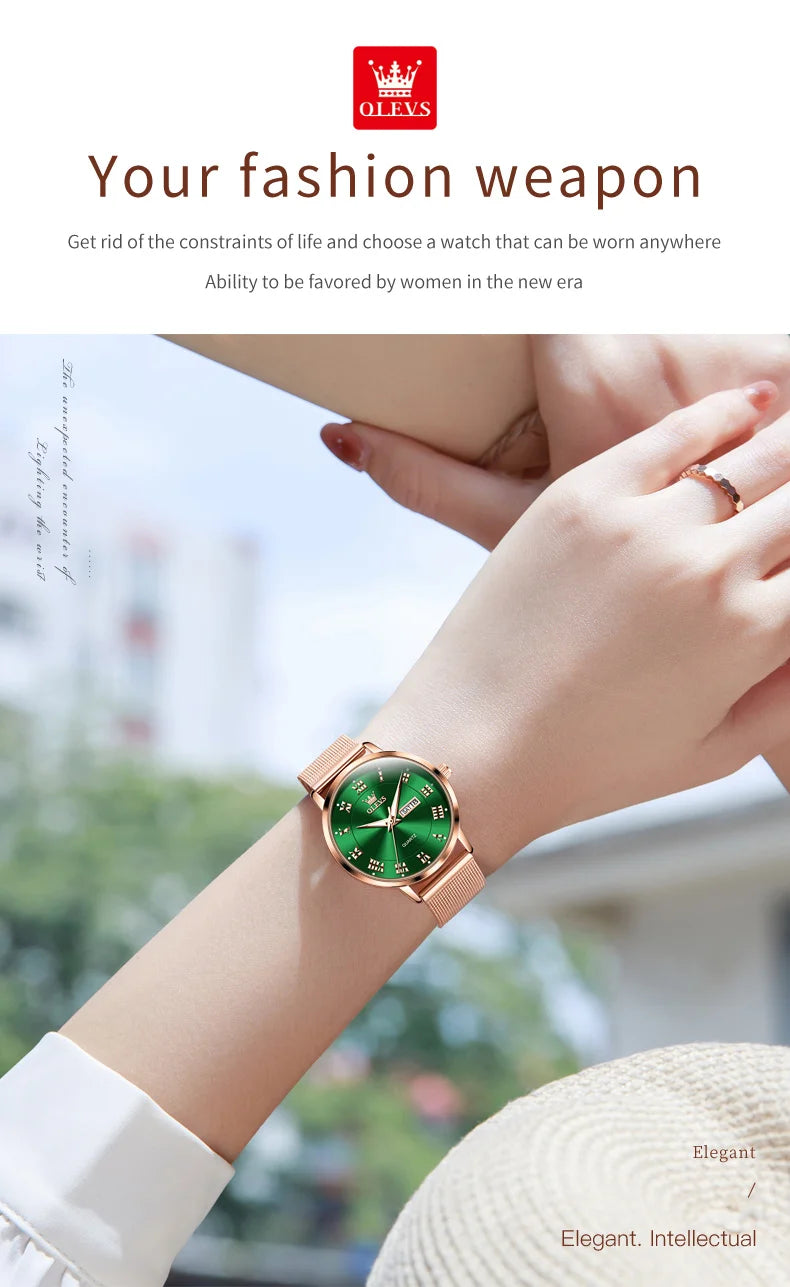 OLEVS 2920 Women's Watch Fashion Original Date Week Display Mesh Strap Roman Dial Luminous Ladies Quartz Wristwatch