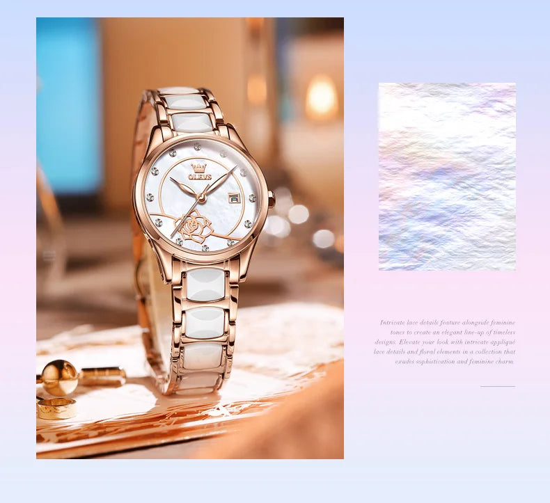 OLEVS Quartz Watch Women Japan Movement Waterproof Stainless Steel Ceramics Women Wristwatch Luxury Ladies watch Set Hot
