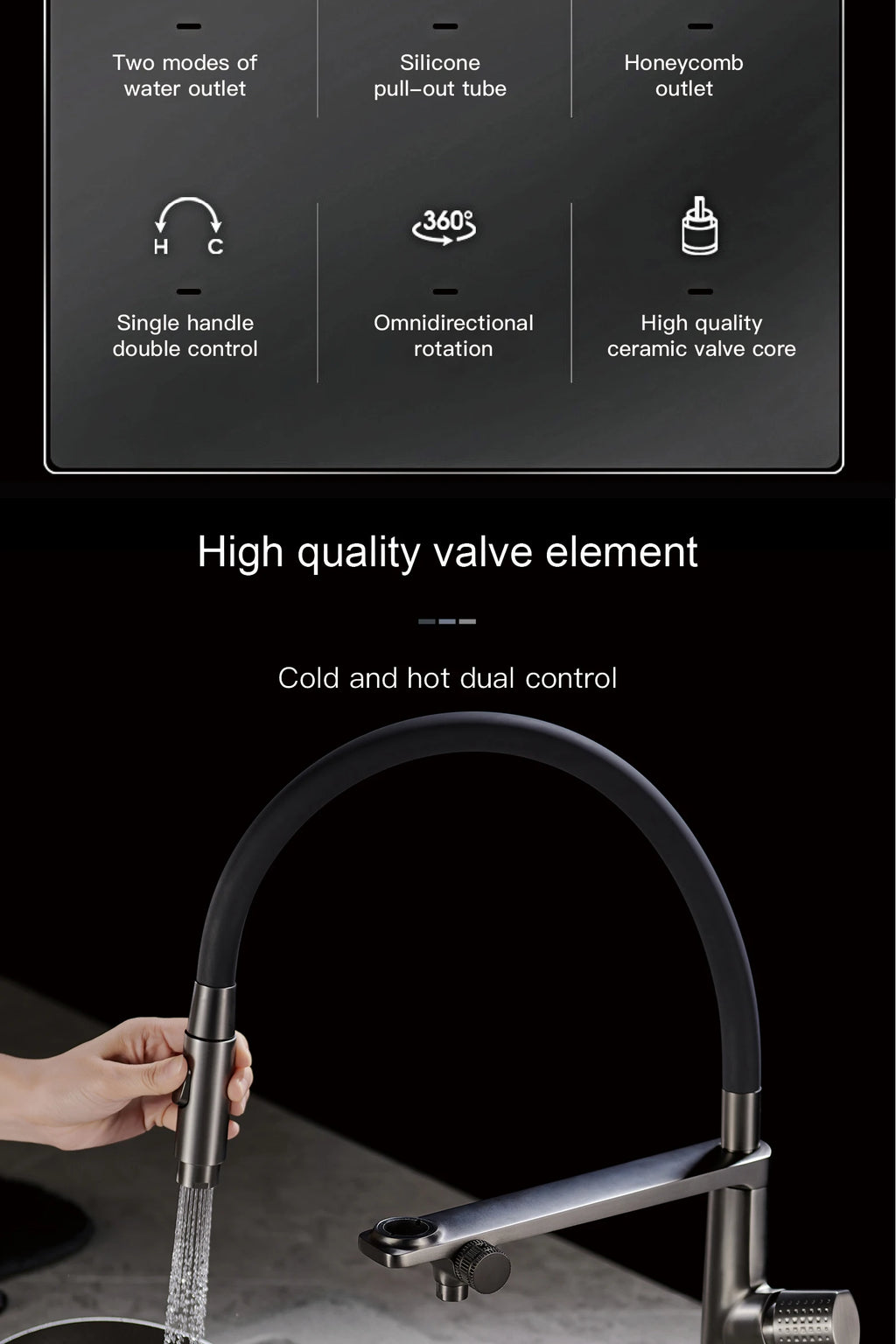 Luxury Gun Gray Brass Kitchen Faucet 1 Hole Double Handle Cold and Hot Dual Control, with Filtered Water Two Function Sink Tap