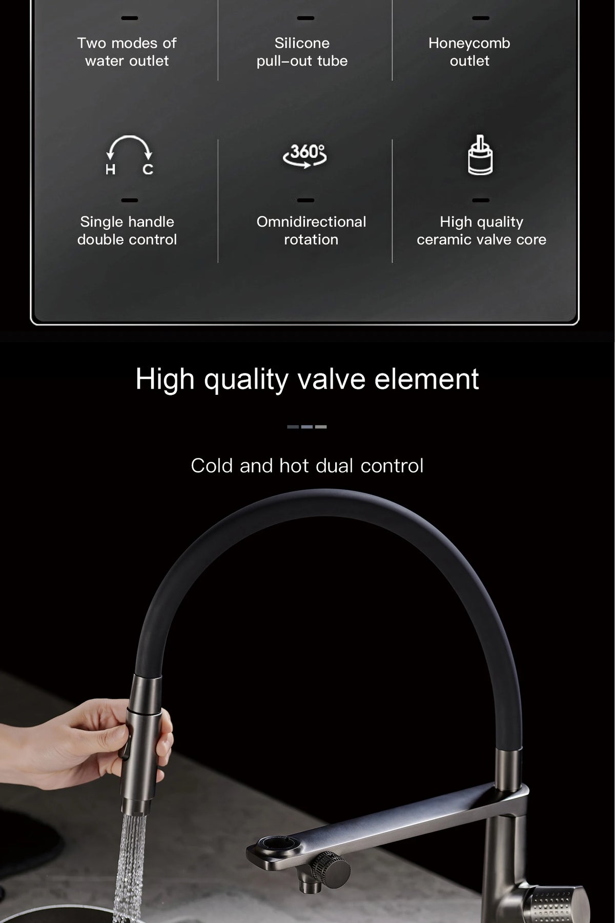 Luxury Gun Gray Brass Kitchen Faucet 1 Hole Double Handle Cold and Hot Dual Control, with Filtered Water Two Function Sink Tap