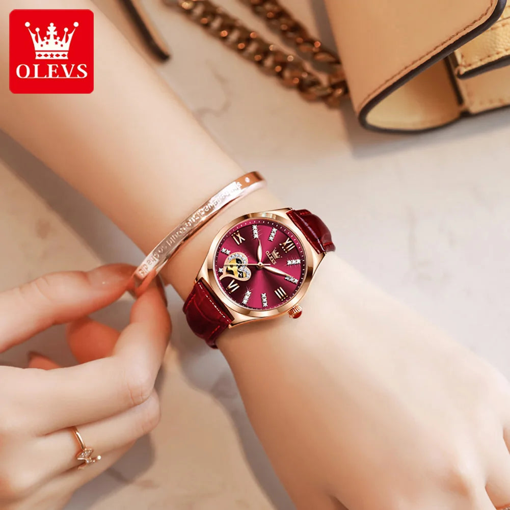 OLEVS 6636 Luxury Women Watch Fully Automatic Hollow Design Diamond Heart Shaped Watch Elegant Mechanical Women Bracelet Watch