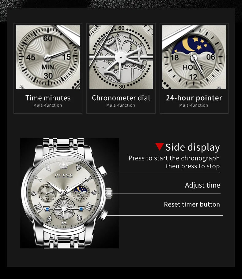 OLEVS Men's Watches Classic Multifunctional Flywheel Design Stainless steel Waterproof Moon Phase Men's Wristwatches 2024 Trend