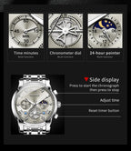 OLEVS Men's Watches Classic Multifunctional Flywheel Design Stainless steel Waterproof Moon Phase Men's Wristwatches 2024 Trend