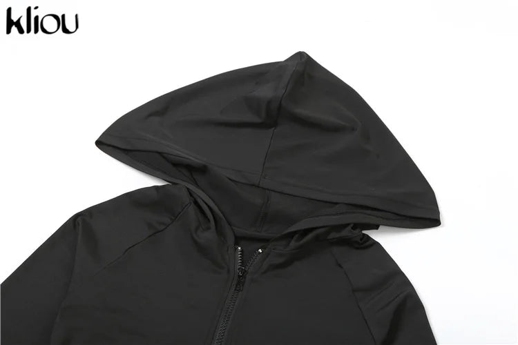 kliou Casual Women 2 Piece Set Classic Tracksuits Solid Long Sleeve Zip-up Hood Tops+Slim Elastic Pants Sporty Concise Outfits