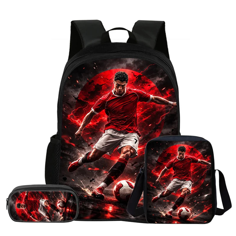 Kids 3Pcs Set Backpack Football Star Student School Shoulder Bag Pencil Bags Ronaldo Bookbag CR Rucksack Best Gift