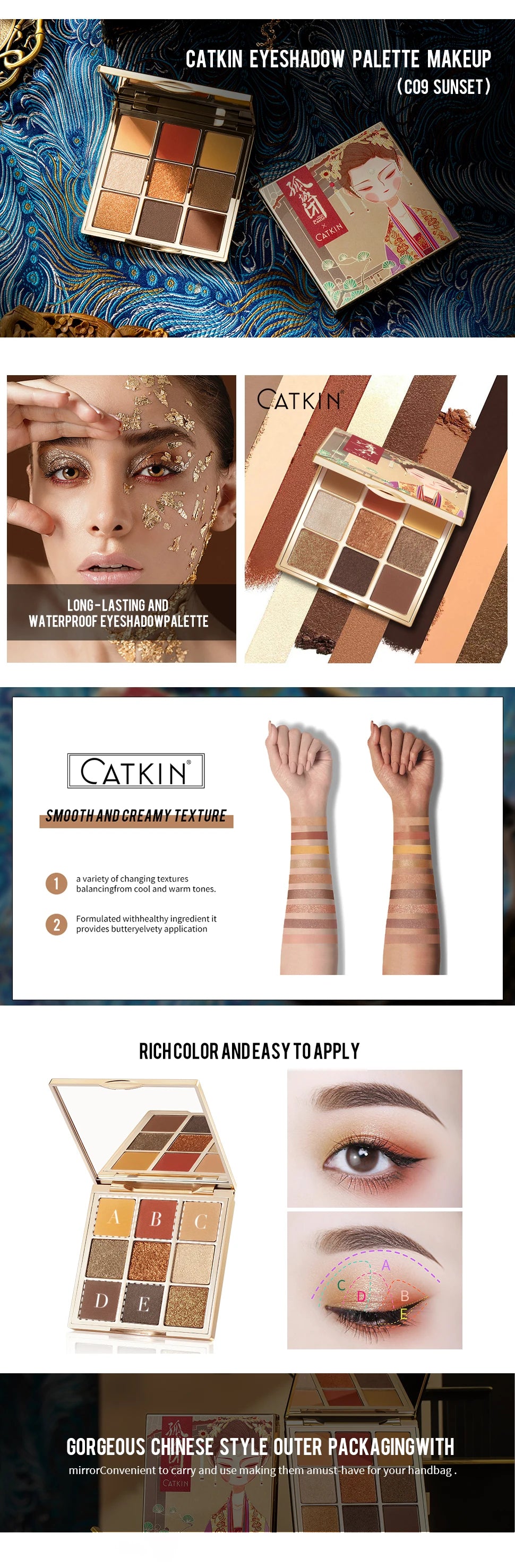 CATKIN Eyeshadow Palette, Matte Shimmer 9 Colors, Highly Pigmented, Creamy Texture, For Halloween Cosplay & Gothic Party Makeup