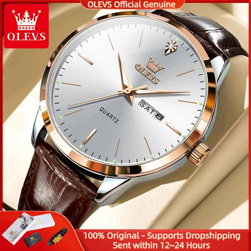 OLEVS 2935 Men Watch Luxury Brand Quartz Watch Business Leather Strap Double Calendar Waterproof Men's Watch Relogios Masculino