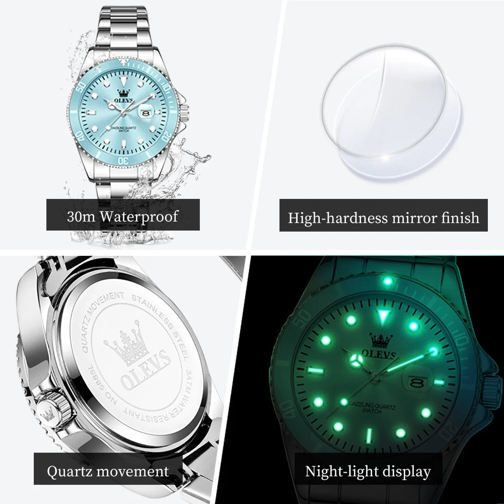 OLEVS Luxury Stainless Steel Waterproof Quartz Watch for Women Fashion Calendar Luminous Womens Wristwatch Sport Clock reloj
