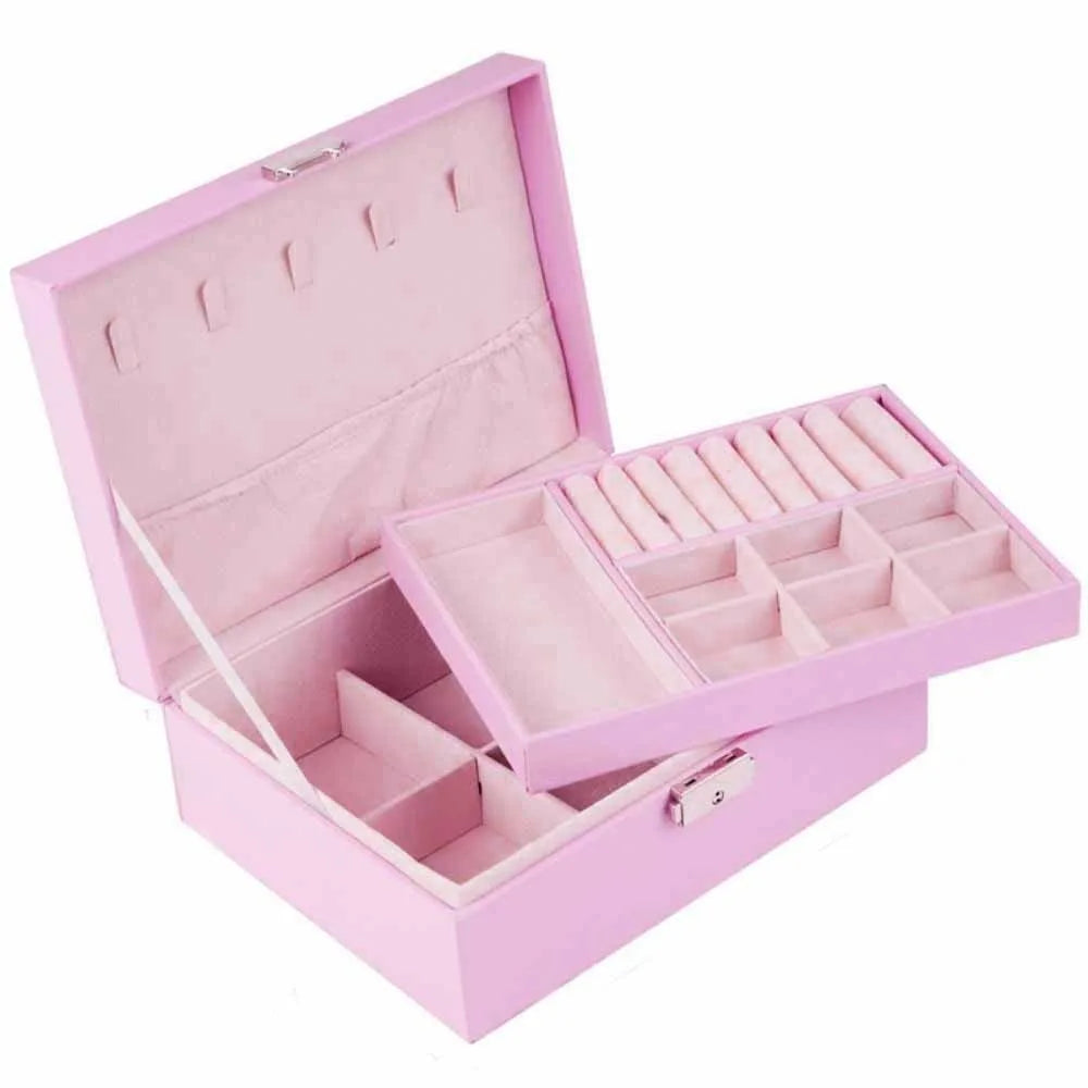 2 Layer Double-layer Jewelry Box PU Leather Elegant Leather Jewelry Organizer with Lock Large Capacity Necklace Earring Box