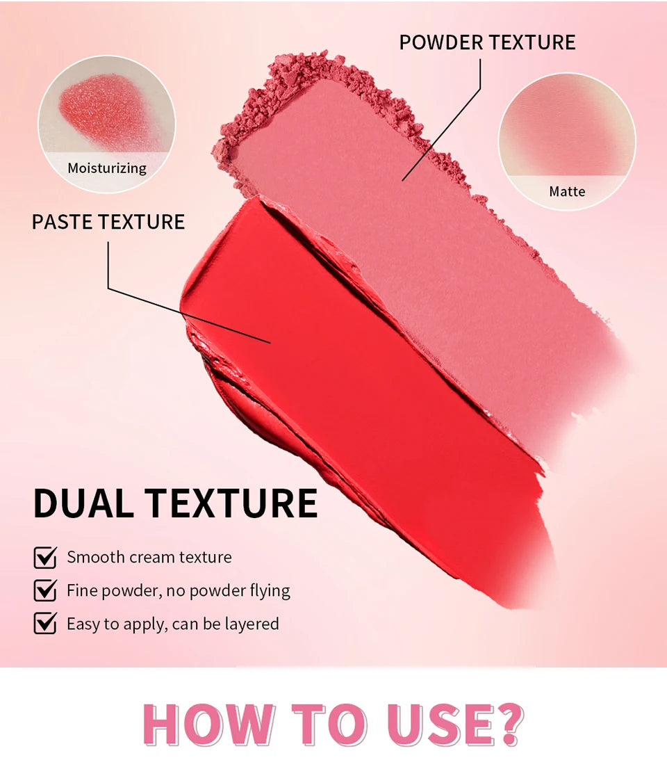 2IN1 Pink Blush Matte Dewy Rosy Blush With Brush Makeup Pan Long Wearing High Pigment Orange Red Cream & Powder Blush Palette