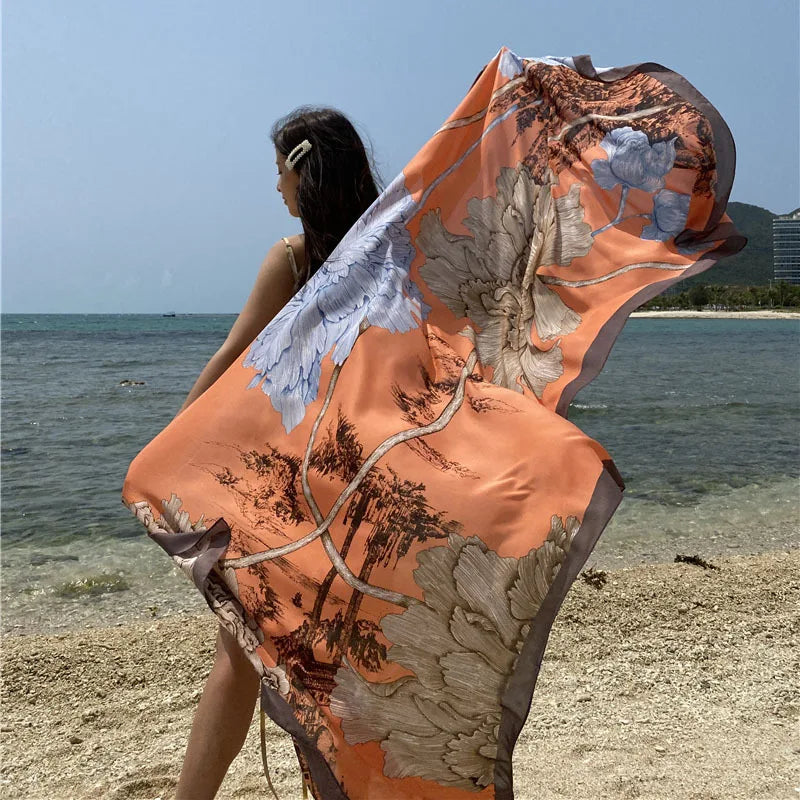 Travel Beach Scarve Bikini Large Sunscreen Shawl Design Floral Sarong Wrap Scarf Women Luxury Swimsuit Bathing Cover-up 90x180cm