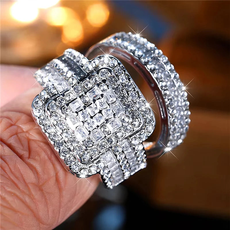 Jianjie 2pcs/set Light Luxury Couple's Full Paved Brilliant Square Zircon Shining Rings Wedding Dazzling Accessories Trend