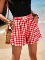 New Style Casual Red And White Checkered Letter Logo Shorts - stylish And Unique With Pockets On The Legs And Wide-leg Style