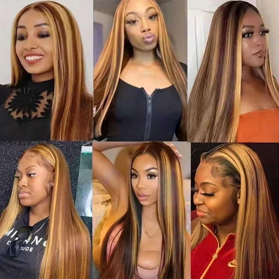 Highlight P4/27 Blended Human Hair Wig - 250% Density Piano Color Straight Hair - Pre-Plucked Hairline And Baby Hair -Ready To Wear Instantly Without Glue - Multiple Sizes Human Hair Wig For Women