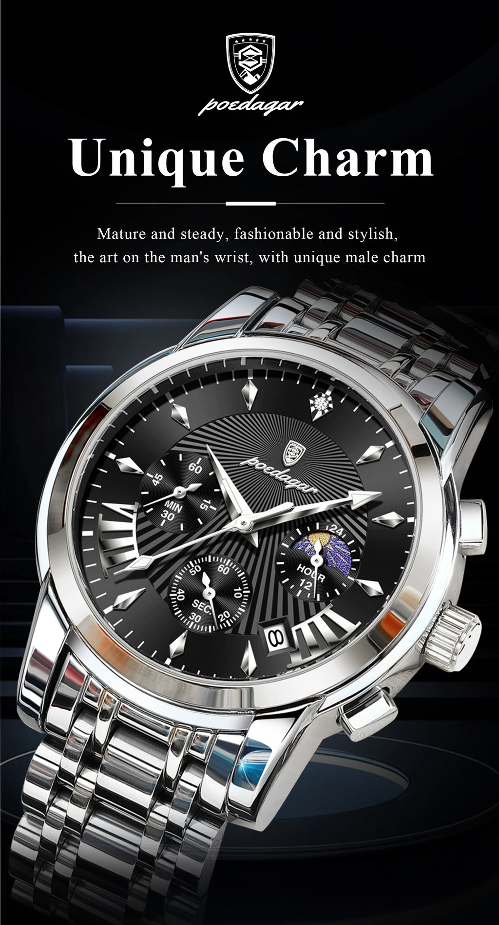 POEDAGAR Original Military Men Watches Waterproof Luminous Date Chronograph Man Watch Stainless Steel Men's Quartz Watches Reloj