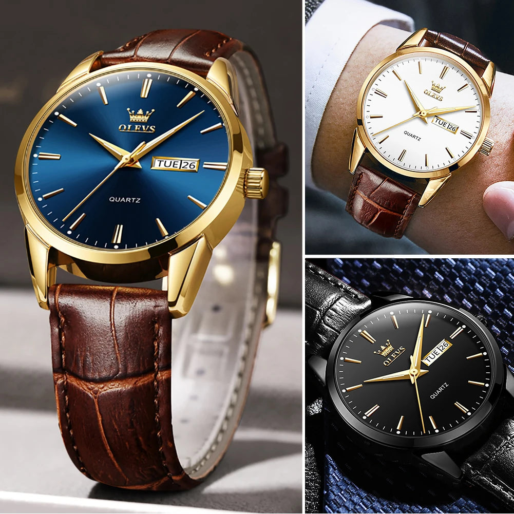 OLVES 6898 Top Brand Men's Watches Original Simple Quartz Wristwatch for Man Waterproof Leather Strap Business Watch Casual