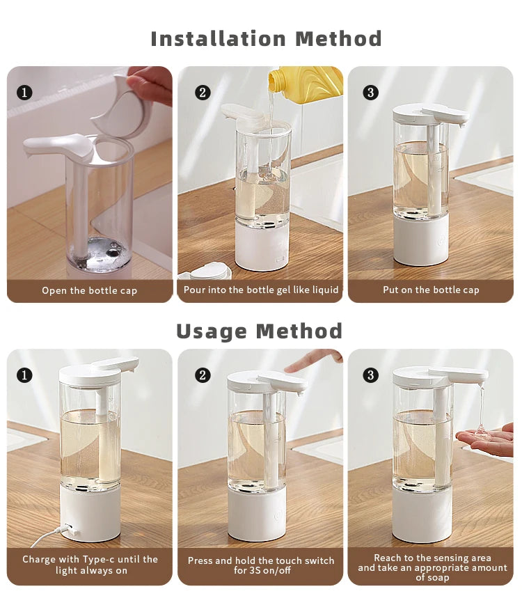 Kitchen 500ml Automatic Liquid Soap Dispenser USB Rechargeable Touchless Hand High Capacity Detergent Bathroom Dispenser