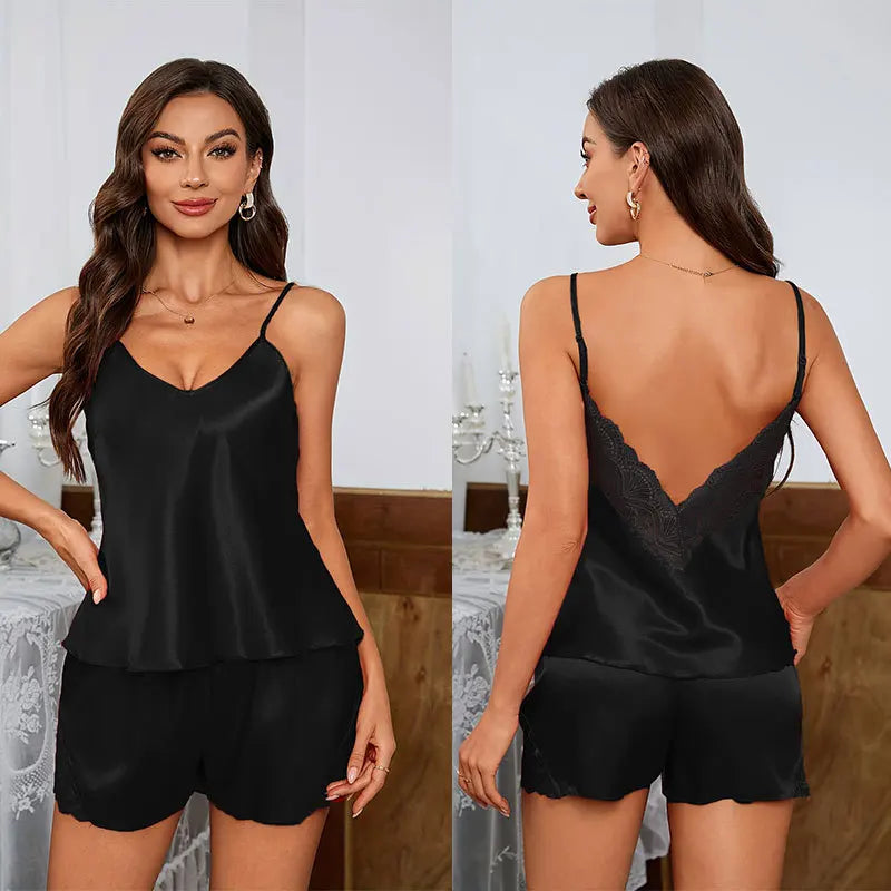 Sexy Pajama Sets Backless Deep V Lace Luxury Sleepwear Soft Satin Pajamas Set for Women Comfortable Short Sleeve Cami Shorts