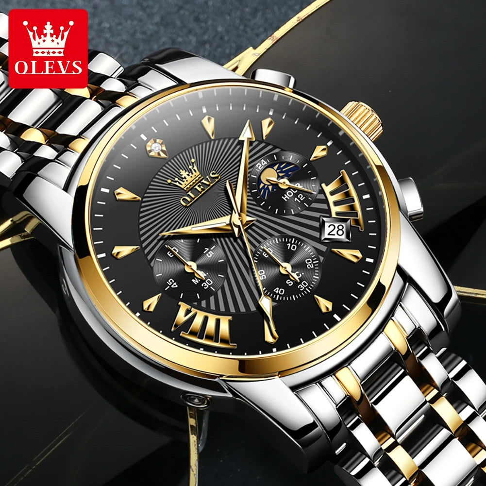 OLEVS 2892 Men's Watches Top Brand Multifunctional Chronograph Wristwatch Original Quartz Watch Man Waterproof Luminous Moon