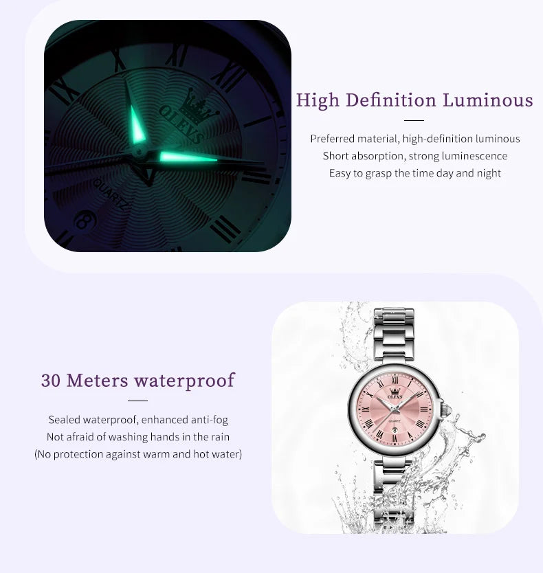OLEVS 5608 Retro Style Quartz Watch for Women Elegant Steel Strap Auto Date Waterproof Luminous Luxury Ladies Wristwatch