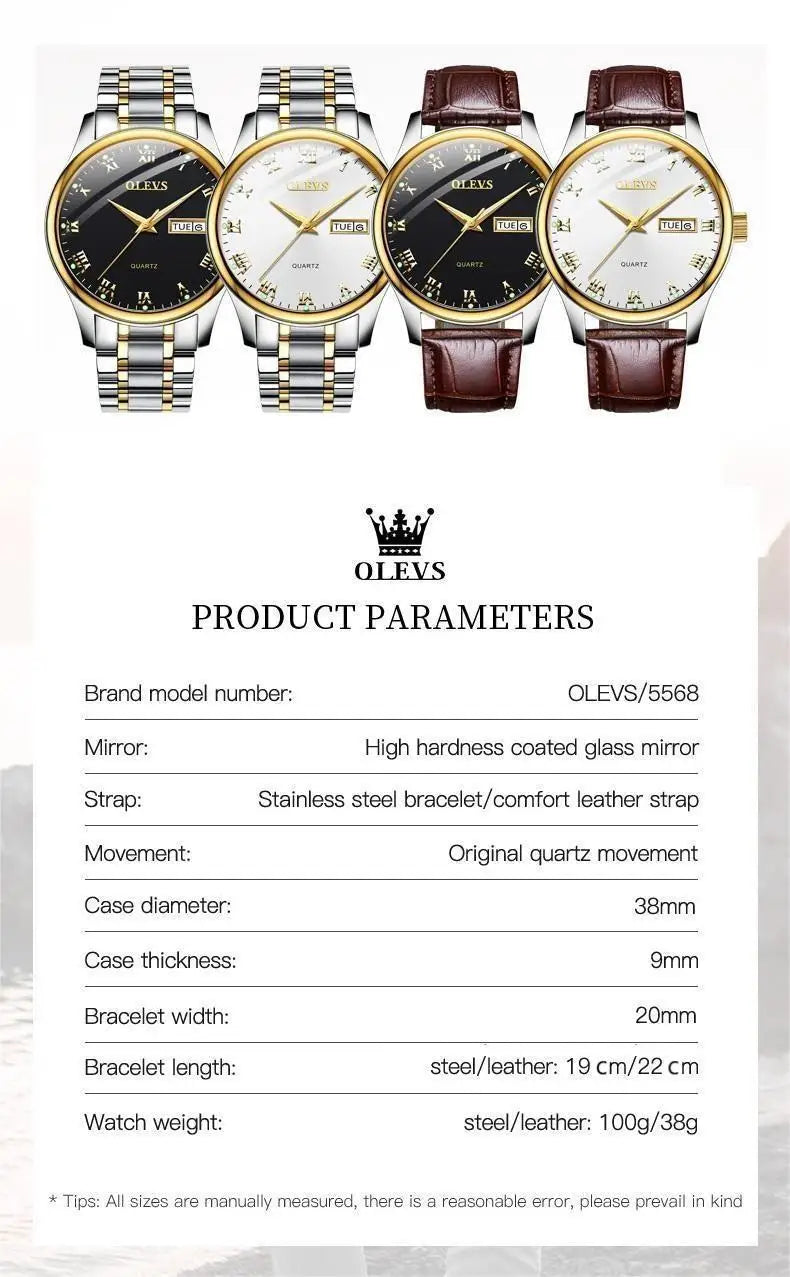 OLEVS 5568 Original Classic Man Watch Calendar Waterproof Steel Strap Luminous  Business Dress Men's Quartz Wristwatches