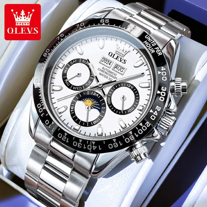 OLEVS 6654 Luxury Brand Original Automatic Man Watch Stainless Steel Waterproof Moon Phase Dual Calendar Mechanical Wristwatches