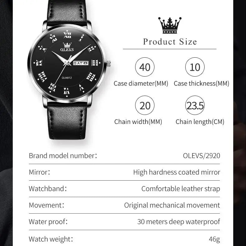 OLEVS 2920 Men Watch Fashion Business Roman Scale Waterproof Clock Luxury Brand Quartz Watch Leisure Calendar Week Men Watch