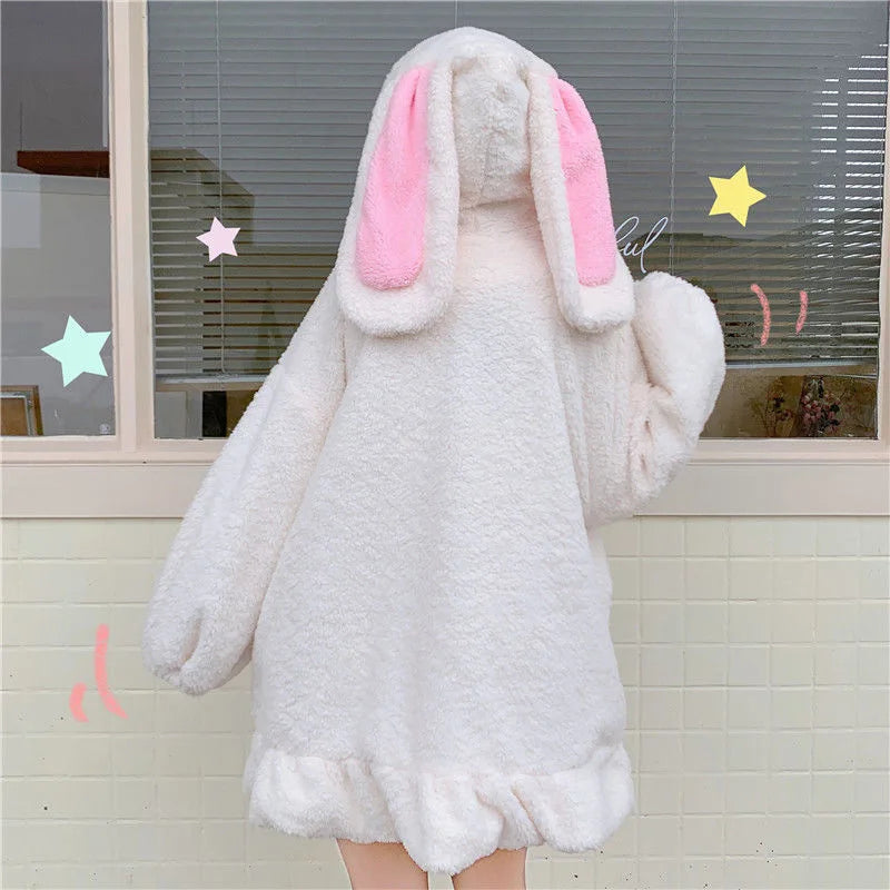 Kawaii Hoodies Women Lolita Winter Warm Lambswool Oversized Sweatshirt Cute Bunny Ears Long Sleeve Zip Up Hooded Fleece Jacket