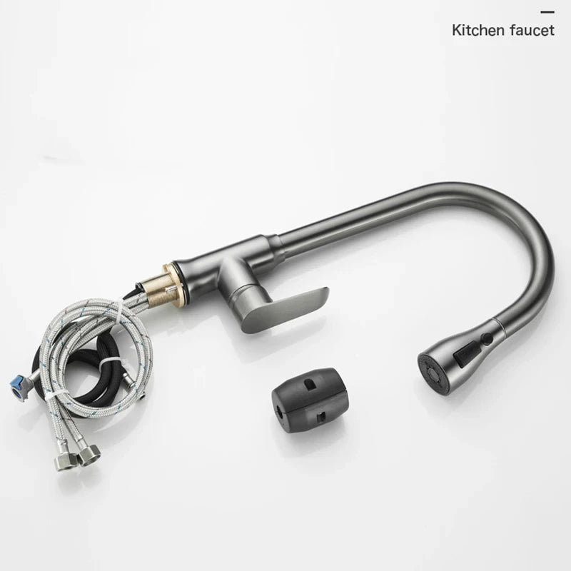 Kitchen Faucet Pull-Out Spray Head 360 Degree Rotation Hot and Cold Water Pull-Out Black and Silver Single Hole Kitchen Faucet