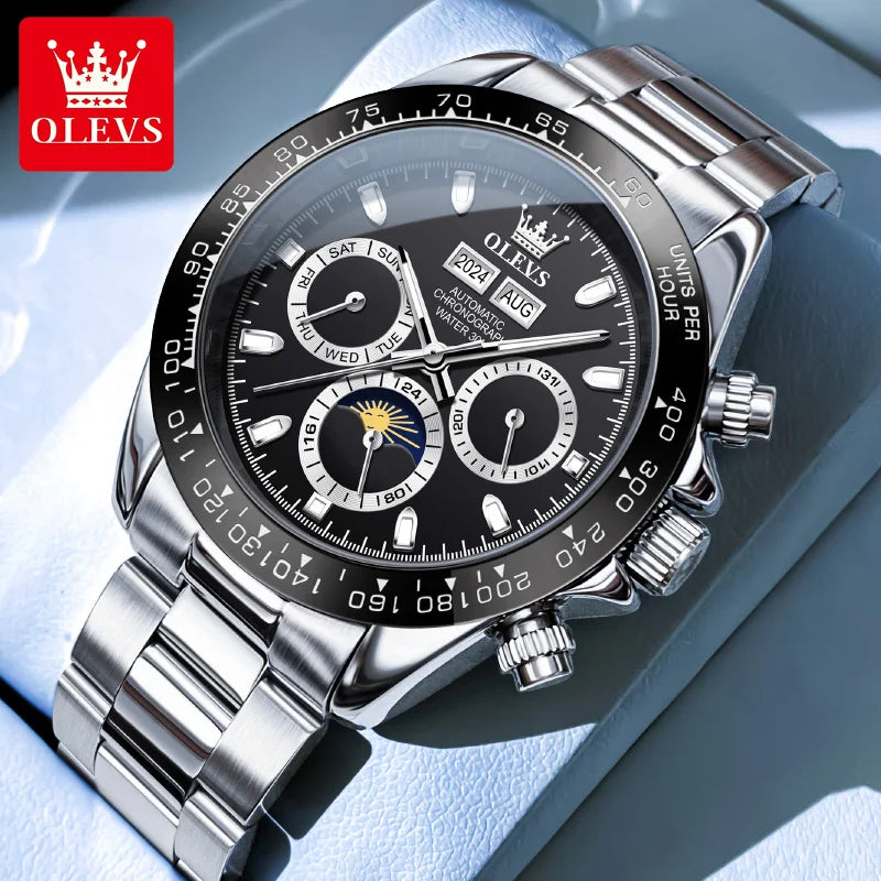 OLEVS 6654 Luxury Brand Original Automatic Man Watch Stainless Steel Waterproof Moon Phase Dual Calendar Mechanical Wristwatches